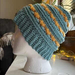 Blue & Yellow Crocheted Bun Hat with Verse